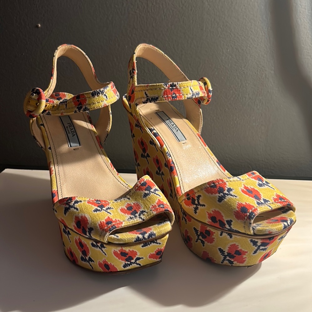 Prada yellow & floral platform, wedge sandals
